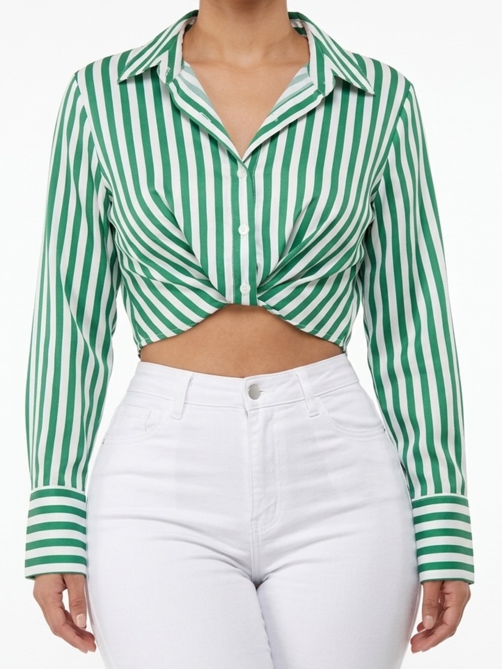 Striped Green Cropped Button-Front Shirt Jacket